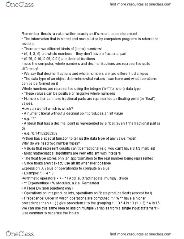 CSC 161 Lecture Notes - Lecture 3: Decimal Mark, Special Functions, Modulus Guitars thumbnail