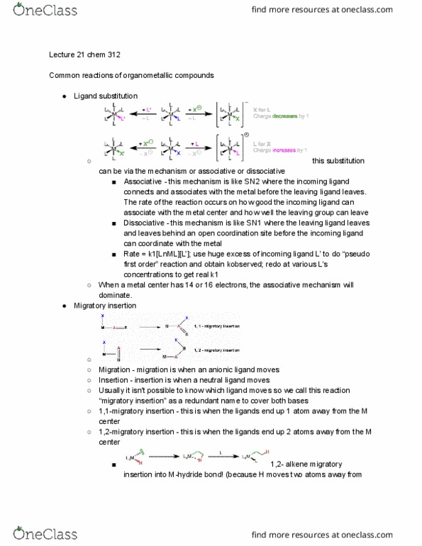 CHEM 312 Lecture Notes - Lecture 21: Migratory Insertion, Organometallic Chemistry, Leaving Group thumbnail