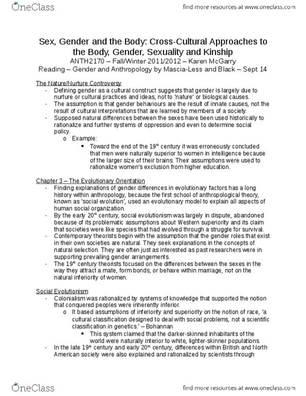 ANTH 2170 Lecture Notes - Sociocultural Evolution, Evolutionism, Gender Role thumbnail