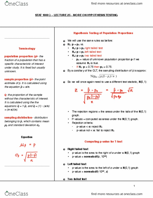 STAT 1000Q Lecture Notes - Lecture 25: Sampling Distribution, Point Estimation, Test Statistic cover image