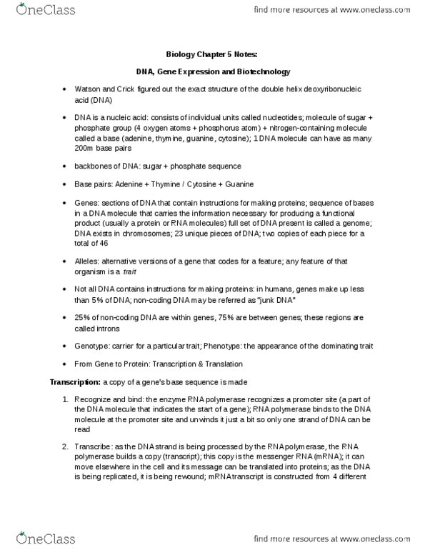 BIOL 1500 Lecture Notes - Noncoding Dna, Messenger Rna, Transfer Rna thumbnail
