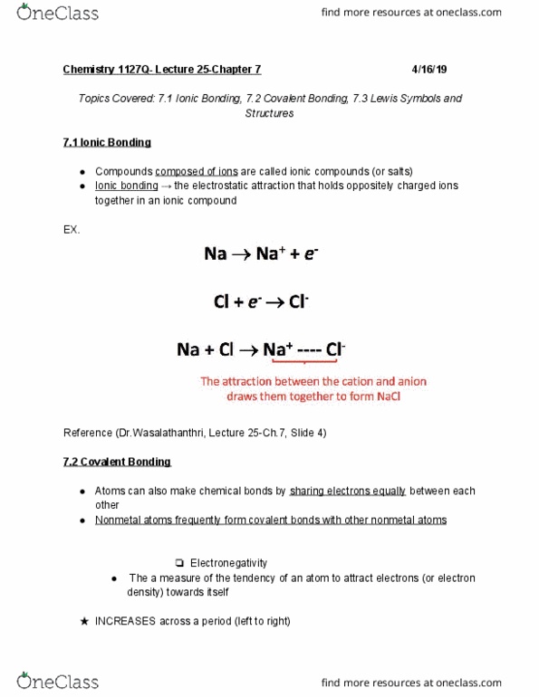 CHEM 1127Q Lecture Notes - Lecture 25: Ionic Compound, Ionic Bonding, Nonmetal cover image