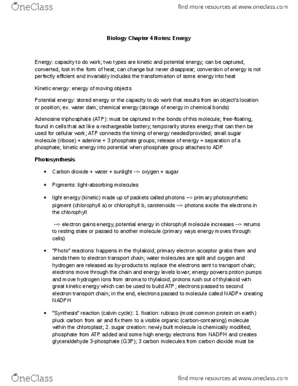 BIOL 1500 Lecture Notes - Photosynthetic Pigment, Kinetic Energy, Glyceraldehyde 3-Phosphate thumbnail