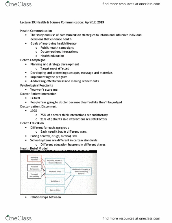 COMM 1000 Lecture Notes - Lecture 19: Health Belief Model, Health Literacy, Health Education thumbnail