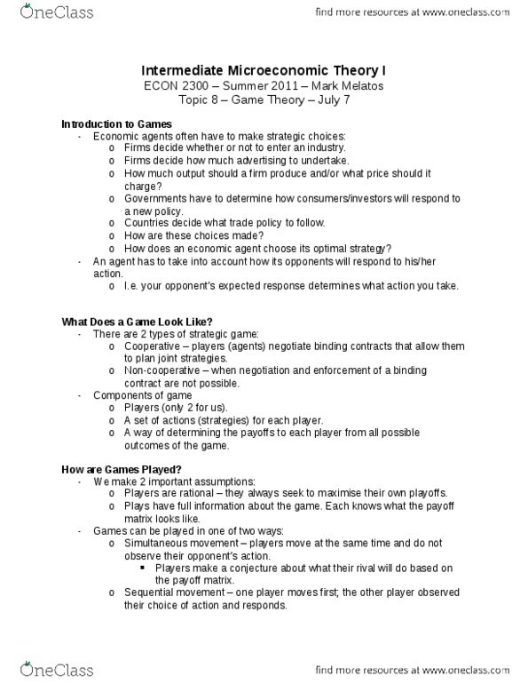 ECON 2300 Lecture Notes - Nash Equilibrium, Strategic Dominance, Grim Trigger thumbnail