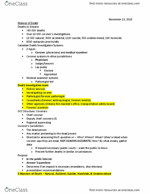 FSC239Y5 Lecture Notes - Lecture 18: Forensic Dentistry, Forensic Anthropology, Medical Examiner thumbnail