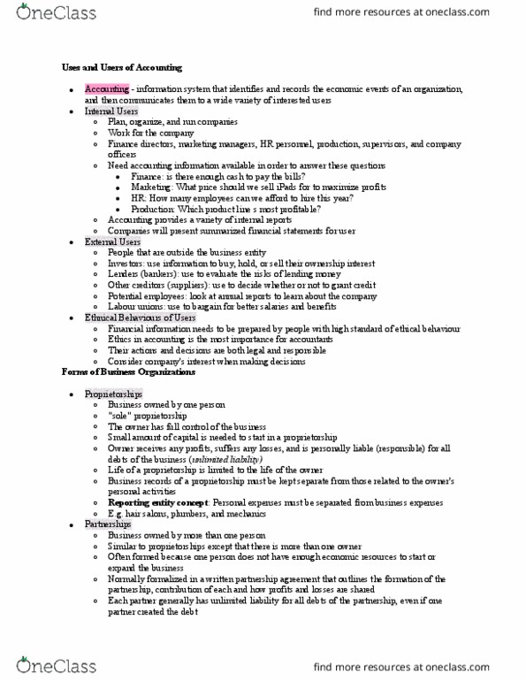 Management and Organizational Studies 1023A/B Chapter Notes - Chapter 1: Financial Statement, Limited Liability, Legal Personality thumbnail