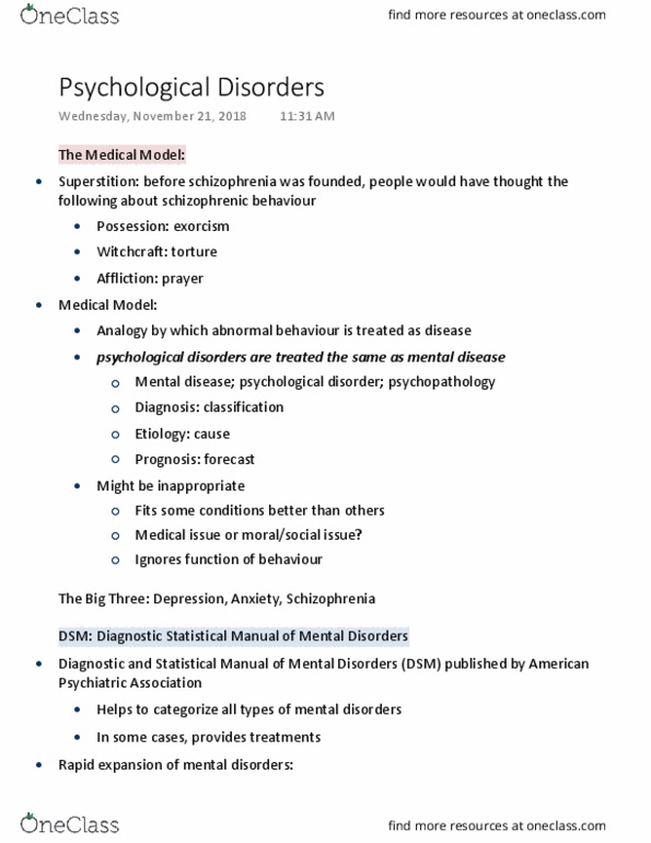 PSYCH101 Lecture Notes - Lecture 1: American Psychiatric Association, Psychopathology, Etiology thumbnail