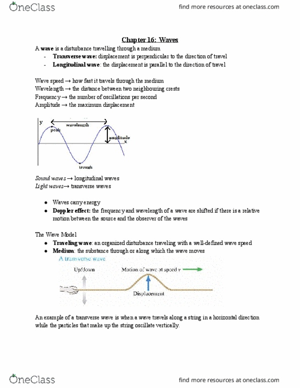 PCS 130 Lecture Notes - Lecture 3: Transverse Wave, Longitudinal Wave, Wave Model thumbnail