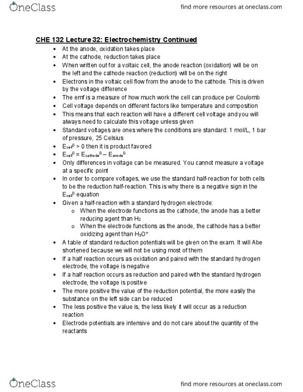 CHE 132 Lecture Notes - Lecture 35: Standard Hydrogen Electrode, Electrode Potential, Electrochemistry cover image