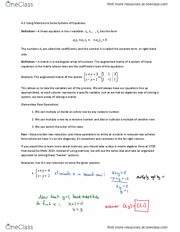 MAT 1320 Lecture Notes - Lecture 16: Augmented Matrix, Gaussian Elimination thumbnail