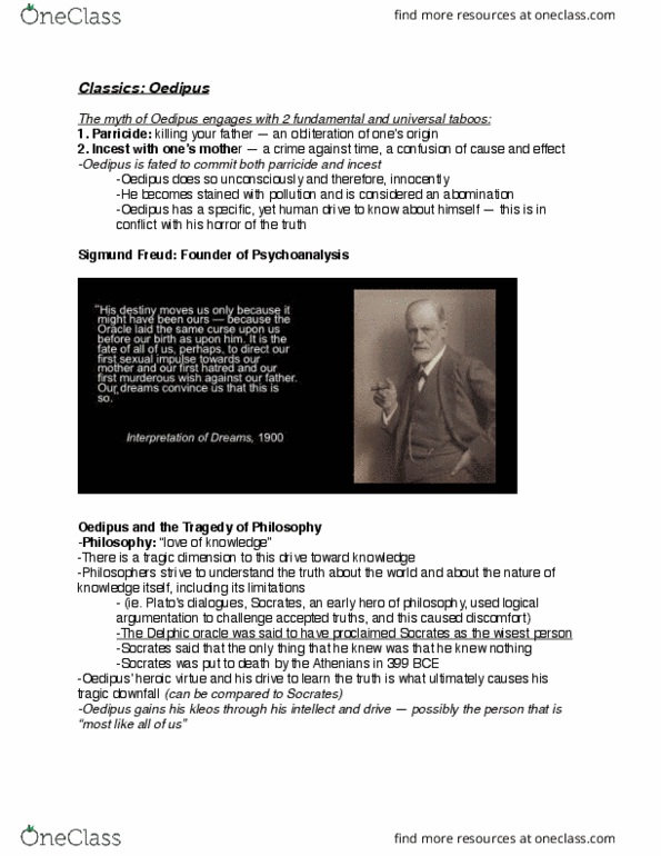 Classical Studies 2200 Lecture Notes - Lecture 17: Sigmund Freud, Incest, Psychoanalysis thumbnail
