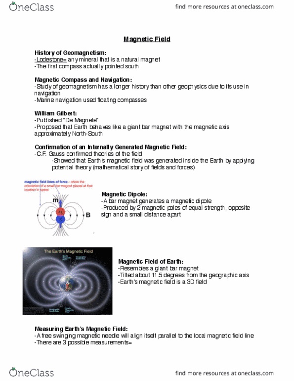 Earth Sciences 1023A/B Lecture Notes - Lecture 14: De Magnete, Potential Theory, Declination thumbnail