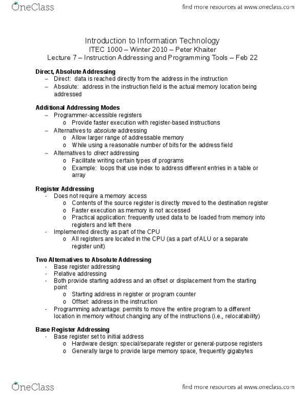 ITEC 1000 Lecture Notes - Index Register, Program Counter, Addressing Mode thumbnail