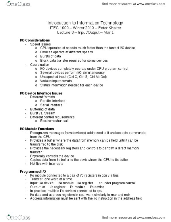 ITEC 1000 Lecture Notes - Process Control Block, Interrupt Handler, Serial Communication thumbnail