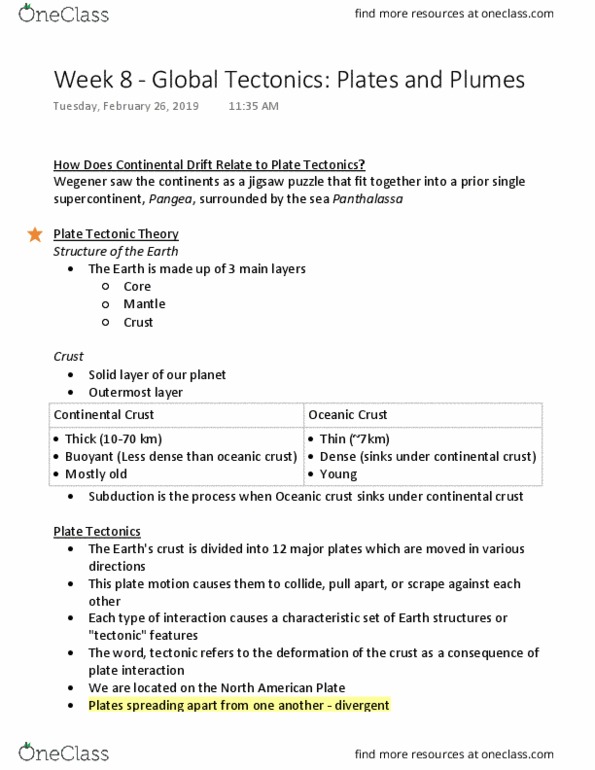 GEOG 1010 Lecture Notes - Lecture 8: Continental Crust, Plate Tectonics, North American Plate thumbnail