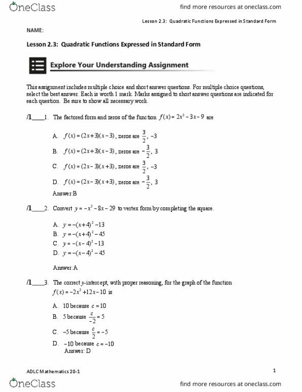 MATH1114 Chapter Notes - Chapter 2: Quadratic Function, Completing The Square, Skeet Shooting thumbnail
