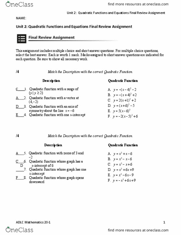 MATH1114 Chapter Notes - Chapter 2: Completing The Square thumbnail