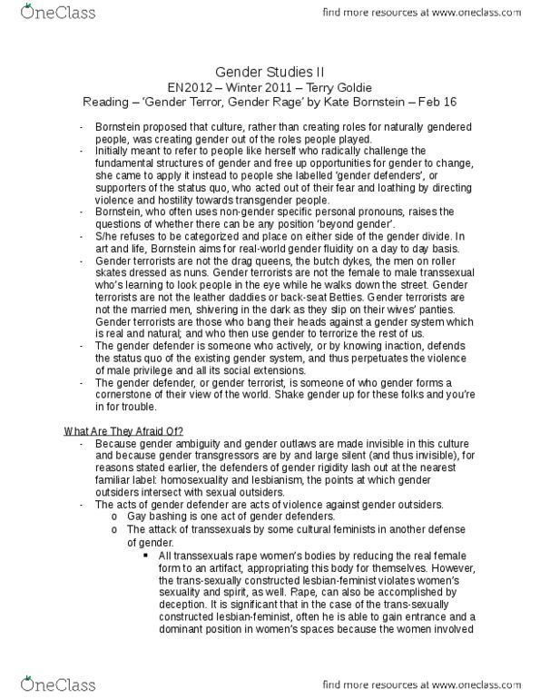 EN 2012 Lecture Notes - Kate Bornstein, Gay Bashing, Cultural Feminism thumbnail