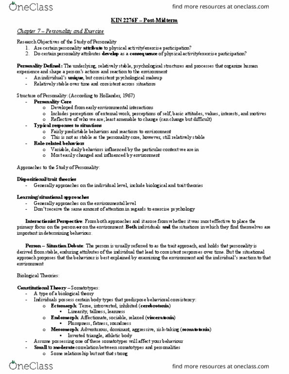 Kinesiology 2276F/G Chapter Notes - Chapter 7: Extraversion And Introversion, Limbic System, Neuroticism thumbnail