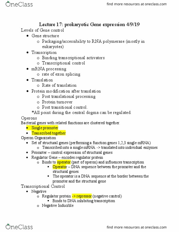 AGR 3303 Lecture Notes - Lecture 17: Gene Expression, Regulator Gene, Central Dogma Of Molecular Biology thumbnail