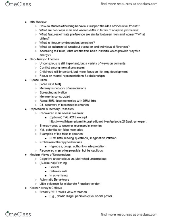 PSYC 2600 Lecture Notes - Lecture 11: Frequency-Dependent Selection, Karen Horney, Penis Envy thumbnail