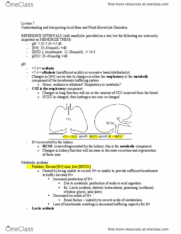 BIOCHEM 3H03 Lecture Notes - Lecture 7: Bicarbonate Buffer System, Lactic Acidosis, Respiratory Acidosis thumbnail