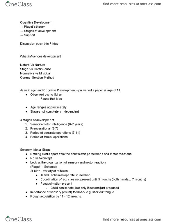 Psychology 1000 Lecture Notes - Lecture 4: Cognitive Development, Conceptual System, Object Permanence thumbnail