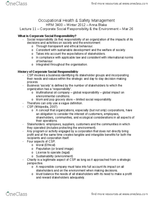 HRM 3400 Lecture Notes - Corporate Social Responsibility, Volatile Organic Compound, Cubic Mile thumbnail