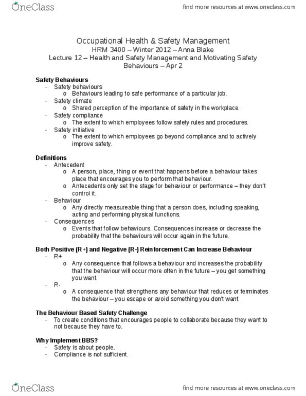 HRM 3400 Lecture Notes - Personal Protective Equipment, Safety Culture, Management System thumbnail