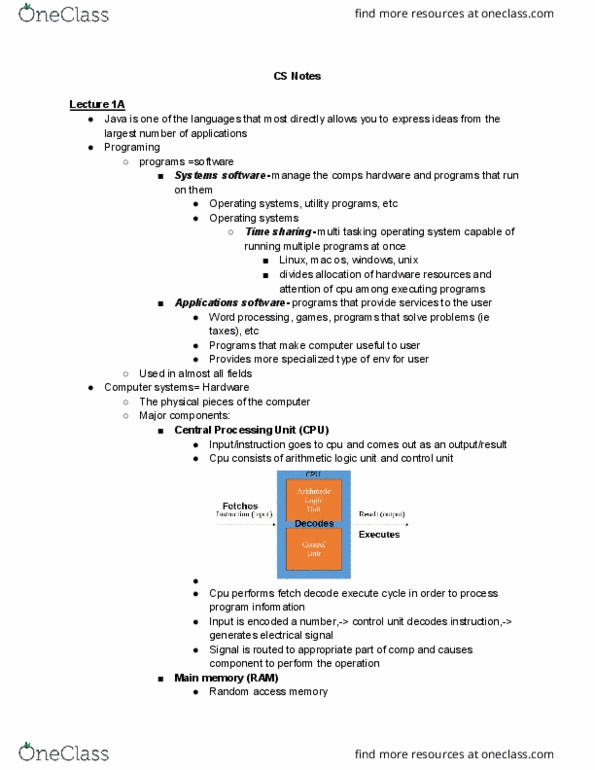 CS 140 Lecture Notes - Lecture 1: Arithmetic Logic Unit, Random-Access Memory, Application Software thumbnail