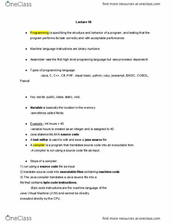 CS 140 Lecture Notes - Lecture 2: Bytecode, Text Editor, Filename Extension thumbnail