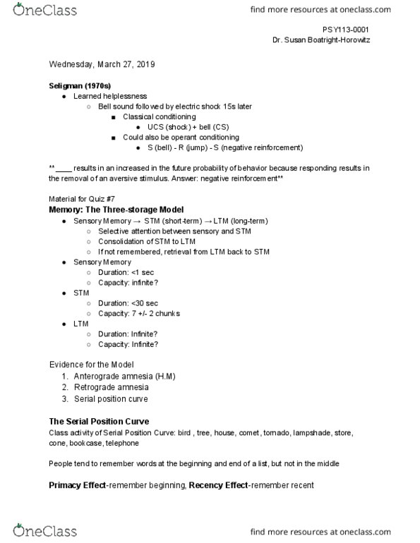 PSY 113 Lecture Notes - Lecture 14: Anterograde Amnesia, Retrograde Amnesia, Sensory Memory thumbnail