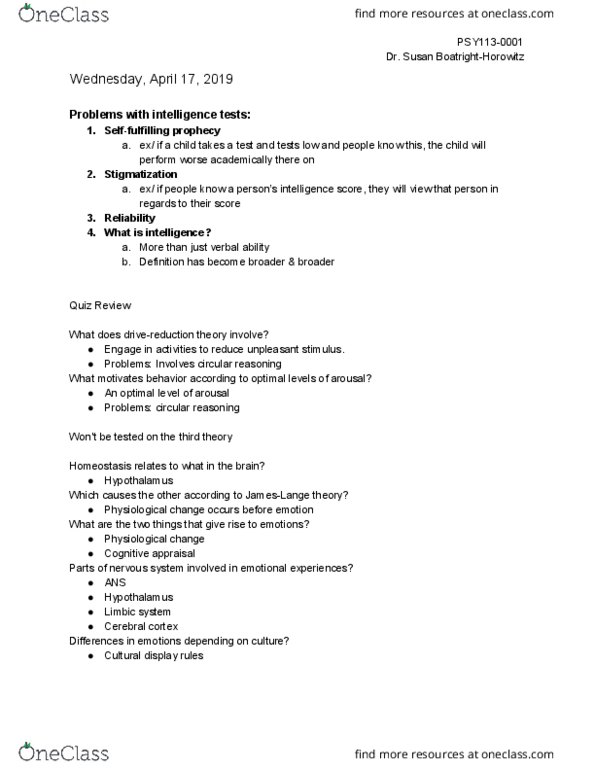 PSY 113 Lecture Notes - Lecture 19: Cerebral Cortex, Limbic System, Hypothalamus thumbnail