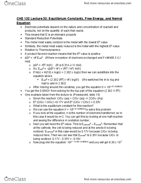 CHE 132 Lecture Notes - Lecture 36: Nernst Equation, Oxidation State, Equilibrium Constant cover image