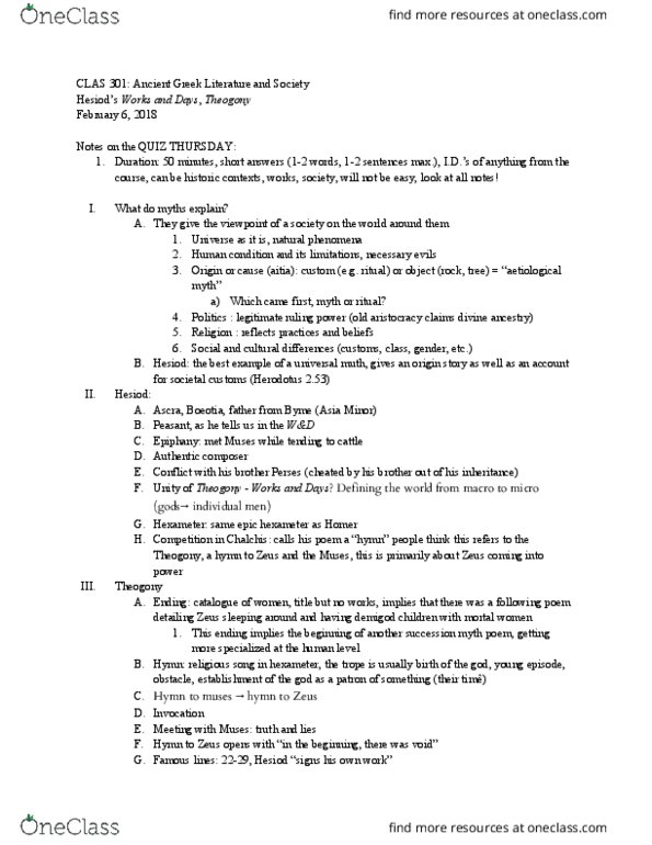 CLAS 301 Lecture Notes - Lecture 8: Ancient Greek Literature, Hexameter, Theogony thumbnail