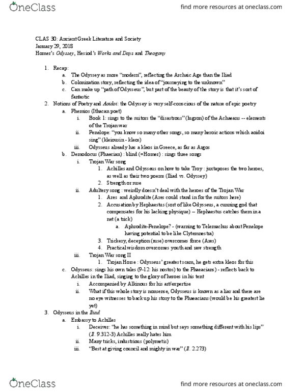 CLAS 301 Lecture Notes - Lecture 11: Akkadian Literature, Ancient Greek Literature, Scheria thumbnail