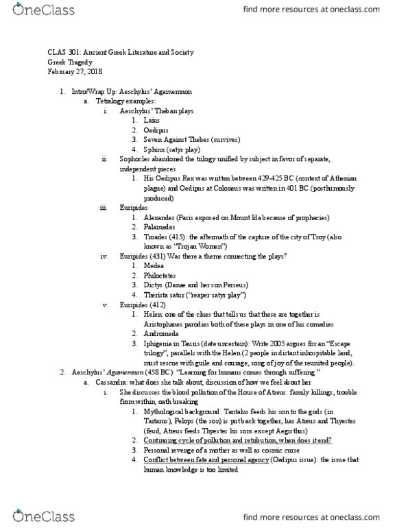 CLAS 301 Lecture Notes - Lecture 6: Sophocles, Aeschylus, Cliffhanger thumbnail