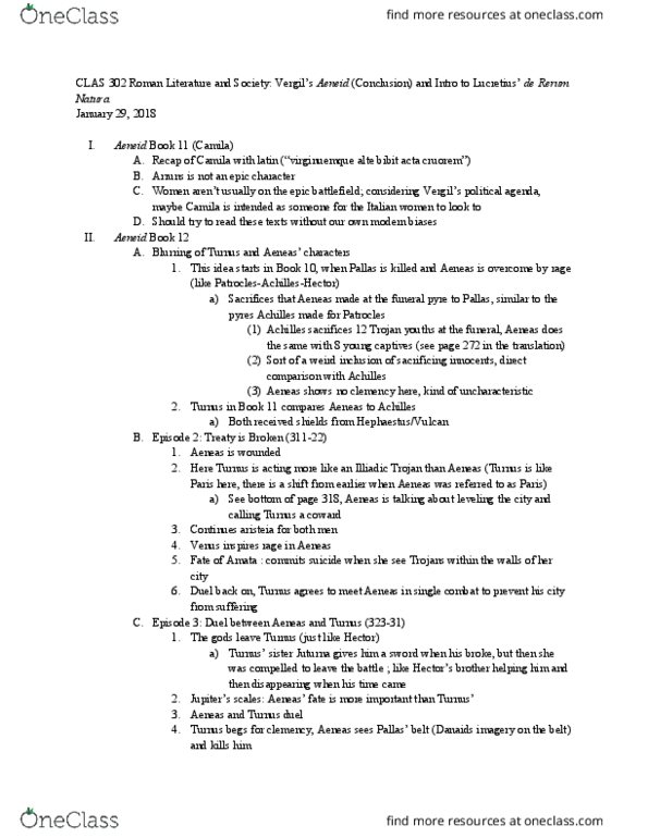 CLAS 302 Lecture Notes - Lecture 17: De Rerum Natura, Turnus, Aeneid thumbnail