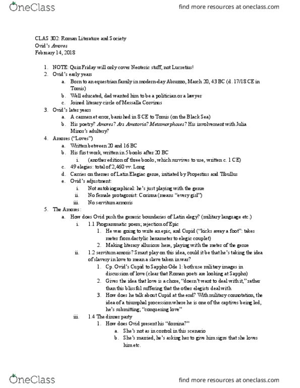 CLAS 302 Lecture Notes - Lecture 13: Dactylic Hexameter, Ars Amatoria, Tibullus thumbnail