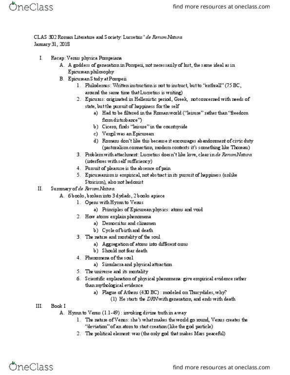 CLAS 302 Lecture Notes - Lecture 4: De Rerum Natura, Clinamen, Lucretius thumbnail