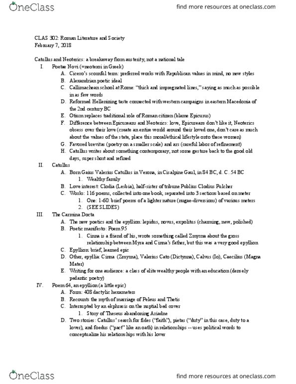 CLAS 302 Lecture Notes - Lecture 1: Publius Clodius Pulcher, Cisalpine Gaul, Epyllion thumbnail
