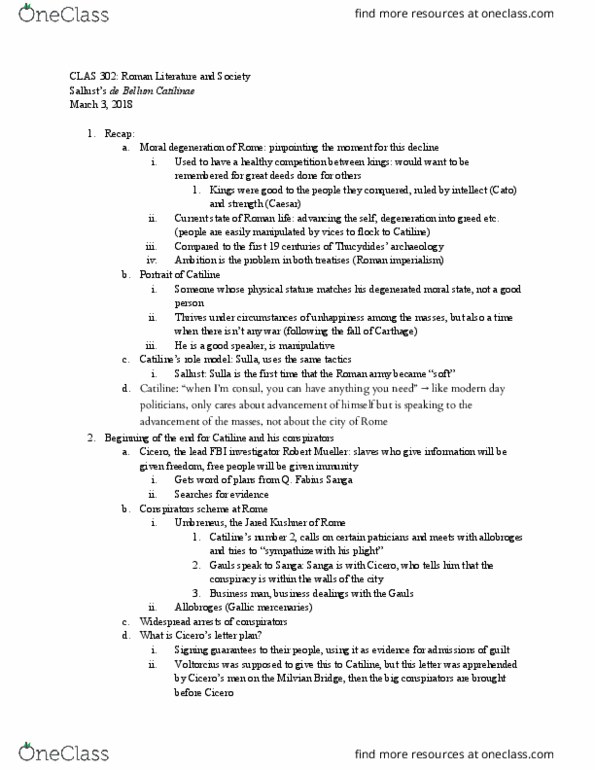 CLAS 302 Lecture Notes - Lecture 11: Jared Kushner, Allobroges, Sallust thumbnail