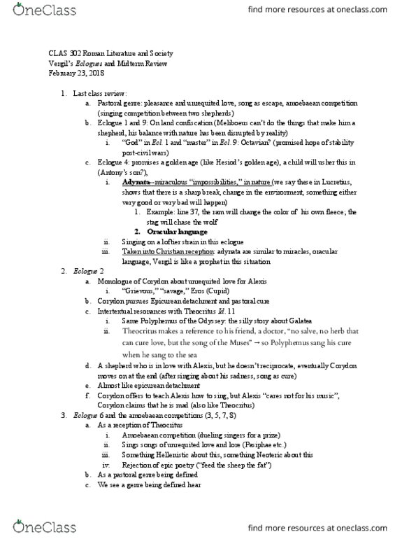 CLAS 302 Lecture Notes - Lecture 10: Eclogue 4, Theocritus, Epicureanism thumbnail