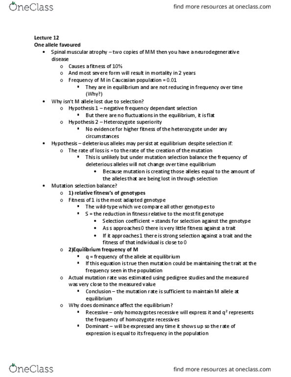 BIOB51H3 Lecture Notes - Spinal Muscular Atrophy, Allele Frequency, Neurodegeneration thumbnail