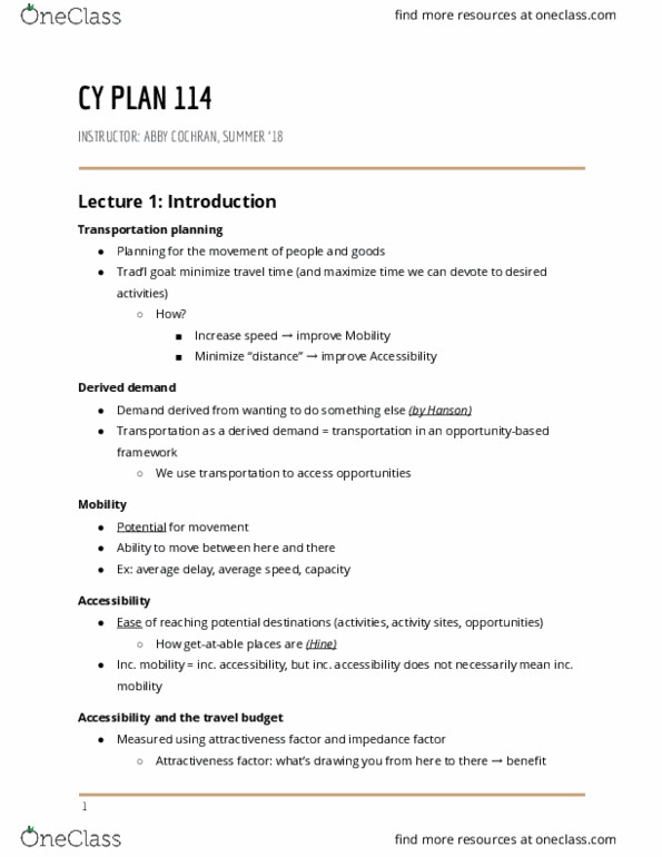 CY PLAN 114 Lecture Notes - Lecture 1: Transportation Planning, Opportunity Cost, Spacetime thumbnail