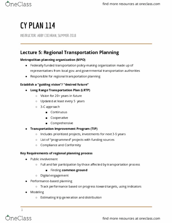 CY PLAN 114 Lecture Notes - Lecture 5: Metropolitan Planning Organization, Transportation Planning, Trip Generation thumbnail