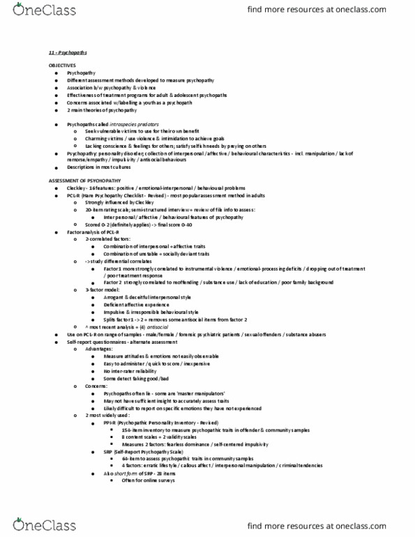 PSYCH 3CC3 Chapter Notes - Chapter 11: Psychopathy Checklist, Psychopathic Personality Inventory, Psychopathy thumbnail