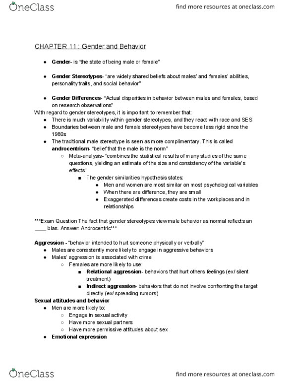 PSY 103 Chapter Notes - Chapter 11: Androcentrism, Silent Treatment, Relational Aggression thumbnail