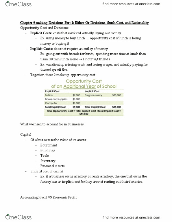 ECON 101 Lecture Notes - Lecture 9: Sunk Costs, Opportunity Cost, Rationality thumbnail